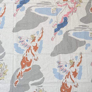 May include: White fabric featuring a repeating pattern of figures in flight. The figures are in pink, orange, and blue, with grey cloud-like shapes and light blue water features. Some figures hold flowers.