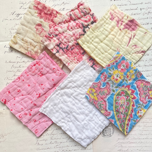 Pale Coloured Vintage Quilt Pieces. Bundle of 6 for Crafts, Scrapbooking, Journaling, Slow Stitching, Sewing Projects