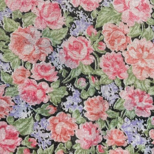 1970’s Floral Cotton Fabric. Pink Roses on Black Background. Dressmaking, Voile Curtains.