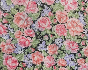 1970’s Floral Cotton Fabric. Pink Roses on Black Background. Dressmaking, Voile Curtains.