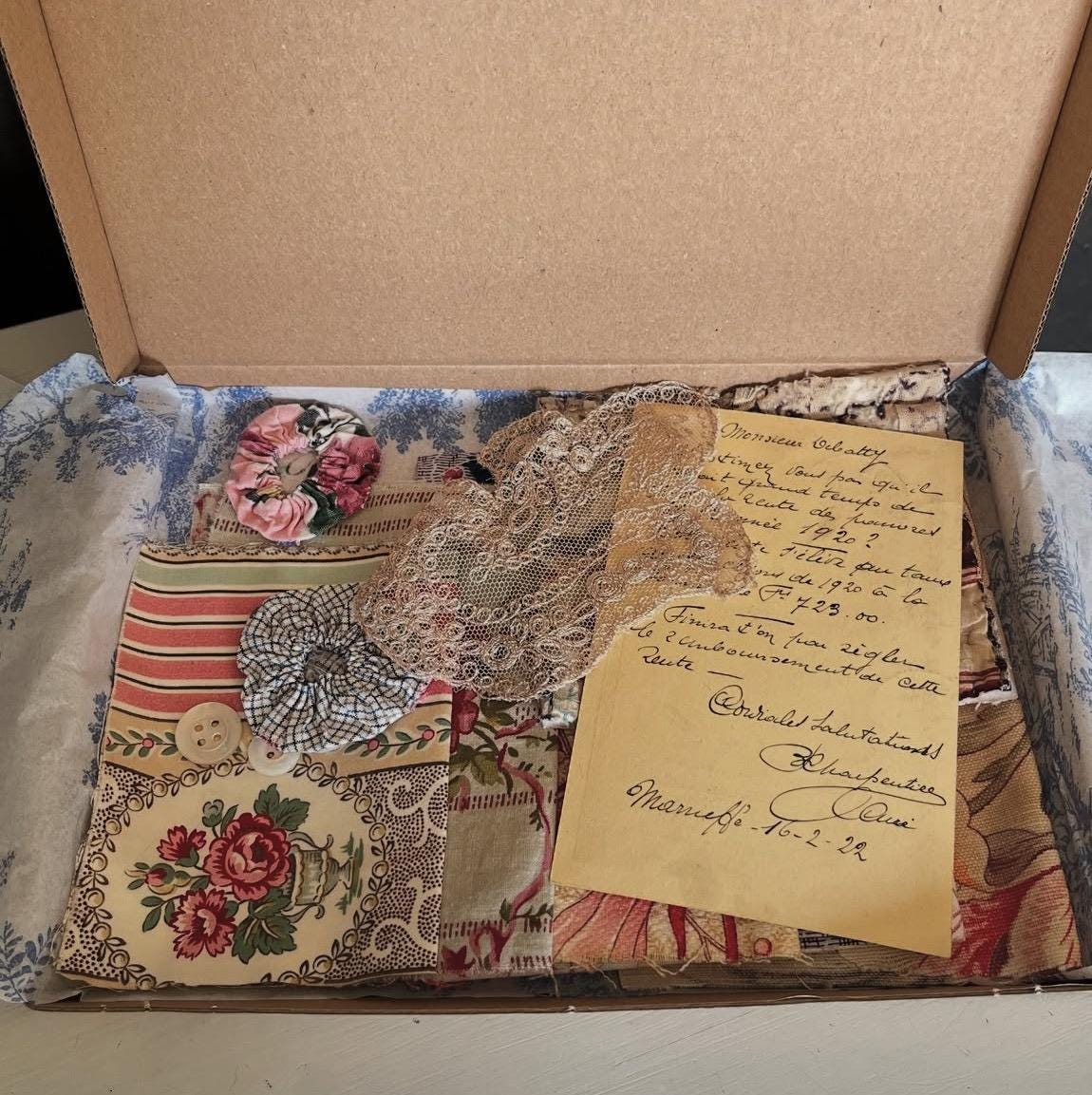 Vintage Fabric Inspiration Pack. Patchwork, Quilting, Journaling, Scrap Book, Slow Stitching, Sewing Projects. Buttons, Lace, Ephemera