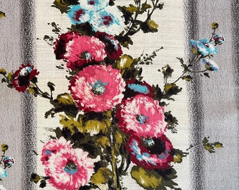 1950’s Floral Barkcloth Cotton Fabric. Curtain, Cushion, Upholstery Fabric Yardage