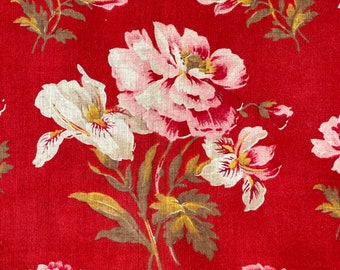 Turn of the Century French Floral Cotton Fabric. Antique Textile. Pink Floral on Red Background