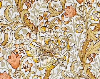 May include: A detailed floral pattern featuring stylized flowers and foliage in shades of gold, peach, and cream. The design has a vintage aesthetic, with intricate lines and a repeating motif, suitable for wallpaper or fabric.