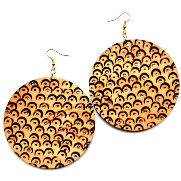 Large Cloudy Day Earrings, Drop Earrings, Wood Earrings, Dangle Earrings,Brown Earings, Gift Idea, Wooden Earrings, Disc, Rhinestones