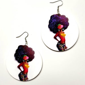 Blinged Earrings, Afro Girl, Statement Earrings, Afro Earrings, Afrocentric Earrings, Black Girl Earrings, Wooden Earrings, Afro.