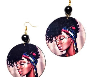 Afro Girl Earrings, Afro Earrings, Blinged Earrings, Statement Earrings, Black Girl Earrings, Afro, Wooden Earrings, Afrocentric. Bling.