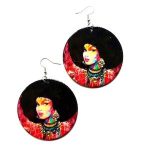 Afro Queen Earrings, Afro Earrings, Blinged Earrings, Statement Earrings, Black Girl Earrings, Afro, Wooden Earrings, Afrocentric. Bling.