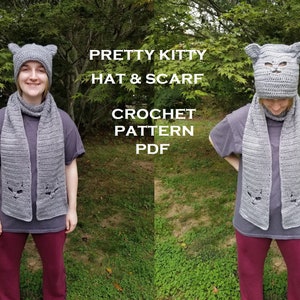 May include: A grey crochet hat and scarf set with cat ears and a cat face design. The hat and scarf are worn by a person standing in a grassy area. The text "PRETTY KITTY HAT & SCARF CROCHET PATTERN PDF" is displayed on the image.