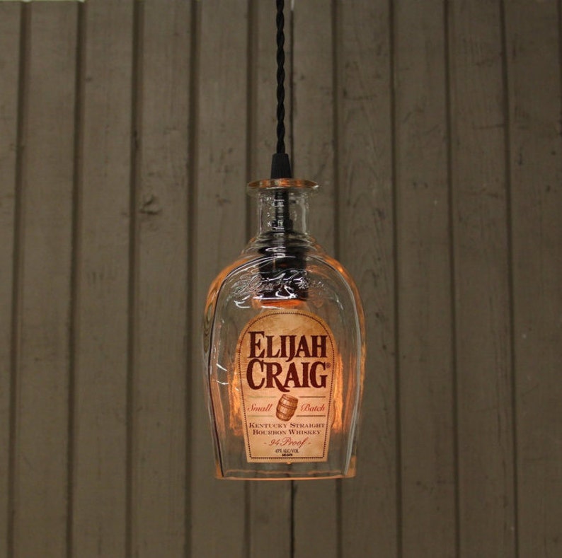 Elijah Craig Small Batch Bottle Pendant Light Handmade Bourbon Bottle Recycled Light Fixture Upcycled Industrial Glass Ceiling Light