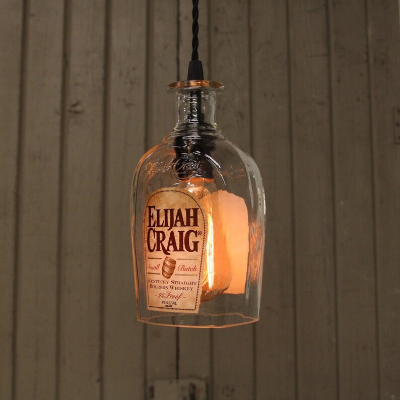 Elijah Craig Small Batch Bottle Pendant Light Handmade Bourbon Bottle Recycled Light Fixture Upcycled Industrial Glass Ceiling Light