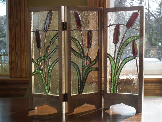 Mini Decorative Room Divider In Stained Glass With Cattails Etsy