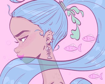 Blue-Haired Mermaid  - Print