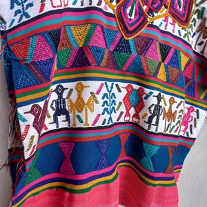 Vintage Huipil Guatemalan Hand Woven Multi Color Nebaj Tapestry Poncho Textile Table Runner Top Blouse