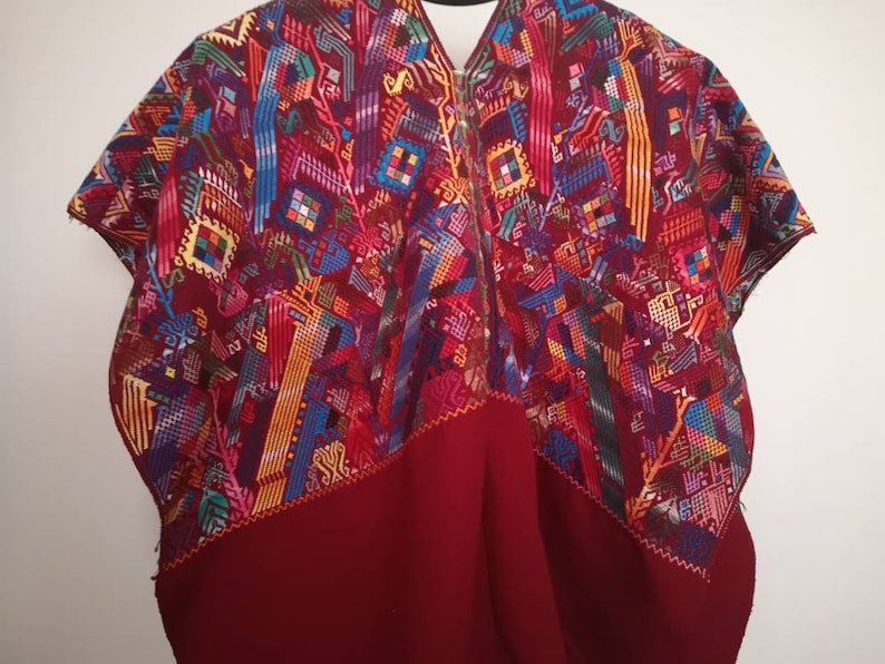 Handmade Vintage Guatemala Hand embroidery Huipil Chichi Top Blouse Poncho Stunning piece of Art