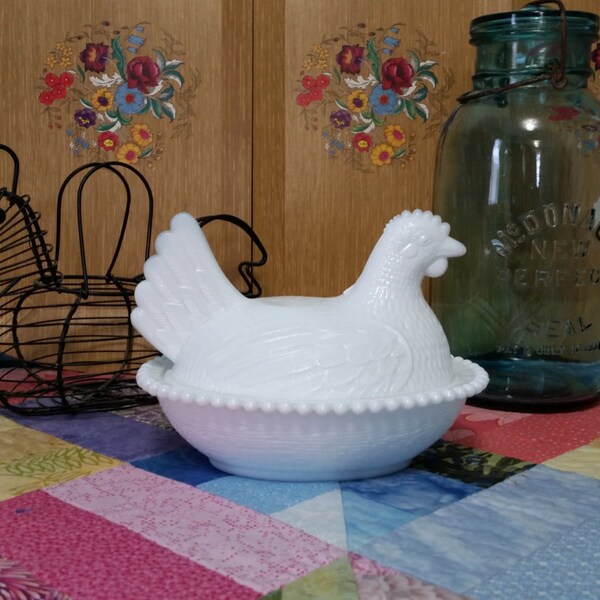 Hen on Nest in Milk Glass by Indiana Glass Company, Chicken Basket, Hen Basket, Farmhouse Decor, Candy or Butter Dish