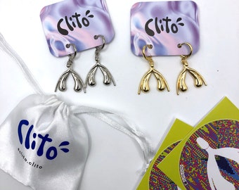 Clitoris Earrings -  Golden or Silver - Empowering Feminist Gift - Unique Statment Jewelry in Polished Metal