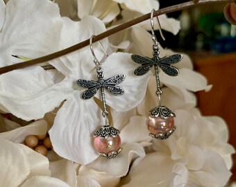 Art Nouveau Antique Silver Dragonfly with Japanese Pink pressed Glass Beads Dangle Earrings.