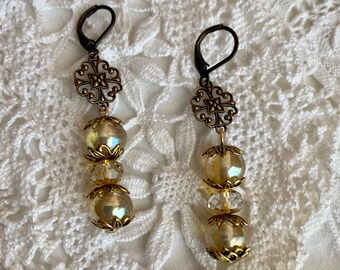Antique Brass Filigree Connectors with Japanese Champagne Gold pressed Glass Beads Dangle Earrings.