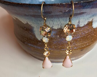 Vintage Brass Swarovski Peach, White Opal Opaque Pink Rhinestones Teardrop Dangle Earrings.