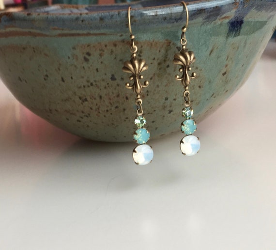 Vintage Antique Brass With Glass Stones and Chrysolite Swarovski Crystal Charm Dangle Earrings.