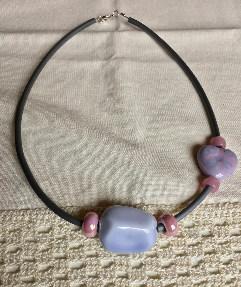 Gray Rubber Cord and Wire Necklace With Ceramic Beads