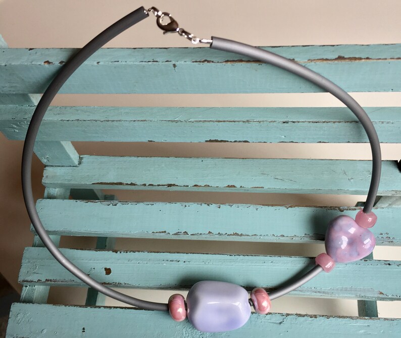 Gray Rubber Cord and Wire Necklace With Ceramic Beads