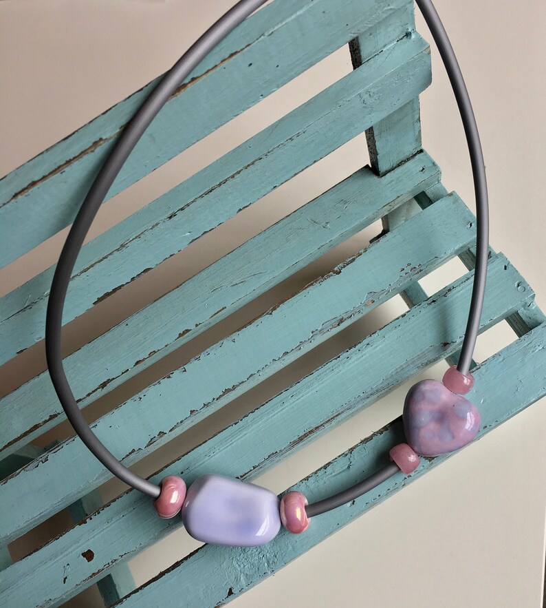Gray Rubber Cord and Wire Necklace With Ceramic Beads