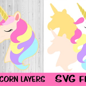 Puede incluir: Archivo SVG en capas de un unicornio con un cuerno dorado, una crin y una cola de color rosa, amarillo, morado y azul. El archivo es para proyectos de artesanía y diseño.