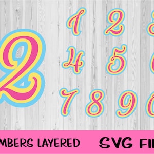 Puede incluir: Un conjunto de diez archivos SVG en capas que presentan los números del 1 al 10 en un esquema de color rosa y amarillo. Los números están delineados en azul y tienen un estilo retro y caprichoso.