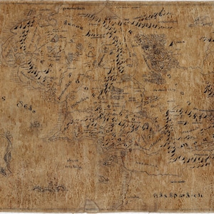 Direct beschikbaar ENORME, fantasiekaart, volledig handgetekend, volledig handgemaakt. Imiteert perkament.