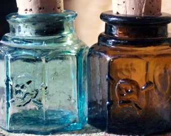 Set of 2 REAL POISON Bottles Skull Antique Apothecary Bottle Amber Glass Vintage Bottle Dark Academia