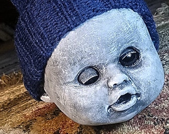 Doll Head Ornament "Frankie" Creepy Doll Black Eyes Vintage Doll Head Holiday Ornament Christmas Haloween Decor Horror Scary