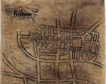 Readily available, ARKHAM handdrawn, realistic Arkham city plan. Antique, worn look. Lovecraft Cthulhu Miskatonic University