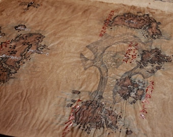 May include: A vintage, brown paper map with faded ink markings of islands and a large, central island with a tree-like shape. The map has red markings and text in an unknown language.