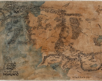 BELERIAND map, handdrawn, realistic map. (Please, read description). Fully handmade. Imitates parchment