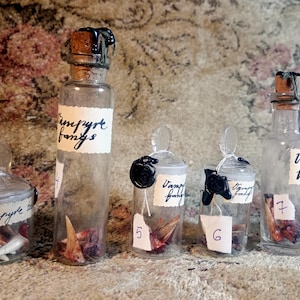 Può includere: Sei piccole bottiglie di vetro con tappi di sughero e sigilli di cera nera. Ogni bottiglia contiene una collezione di piccoli oggetti bianchi e appuntiti. Le bottiglie sono etichettate con il testo "Vampire fangs" e i numeri 3, 5, 6, 7 e un numero sfocato.
