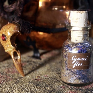 Peut inclure: Une petite bouteille en verre avec un bouchon en liège remplie de fleurs bleues séchées. La bouteille porte une étiquette sur laquelle est inscrit "Cyani' flos".