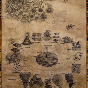 Carte Donjons et Dragons Planescape Multiversum. Réaliste dessiné à la main. Imite le parchemin (Veuillez lire la description)
