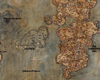 May include: A detailed, antique-style map with landmasses, seas, and text labels. The map features the words "the maelstrom", "Vashj'ir", "the forbidding sea", and "the south seas". The color palette is muted, with brown and beige tones.