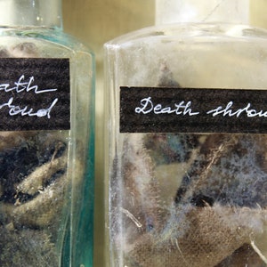 DEATH SHROUD in an Antique Bottle  Alchemy Ingredient Witchcraft Ingredient Magic Potion Vintage Apothecary Handmade Label Dark Academia