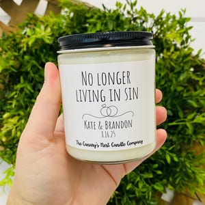 No Longer Living in Sin Candle, Wedding Gift, Personalized Wedding Candle, Funny Anniversary Gift, Gift for Newlyweds, Newly Married Gift