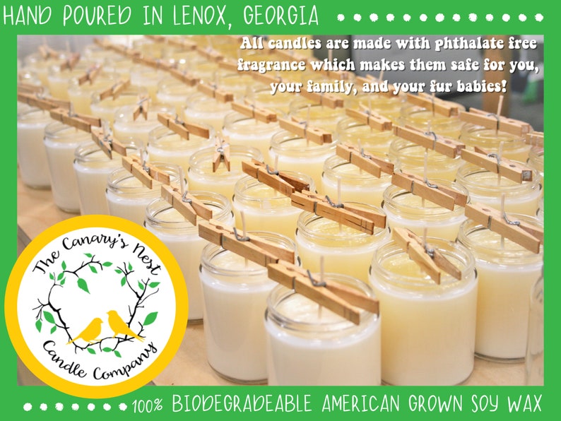 May include: A close-up of a row of candles in glass jars, with wooden clothespins holding wicks in place. The candles are a pale yellow color and are arranged on a wooden surface. The text "The Canary's Nest Candle Company" is visible in a yellow circle with a green leafy design. The text "100% BIODEGRADEABLE AMERICAN GROWN SOY WAX" is visible at the bottom of the image.