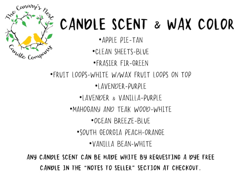 Peut inclure: Fond blanc avec du texte &eacute;num&eacute;rant les parfums de bougies et les couleurs de cire. Les parfums incluent Apple Pie-Tan, Clean Sheets-Blue, Frasier Fir-Green, Fruit Loops-White, Lavender-Purple, Lavender & Vanilla-Purple, Mahogany and Teak Wood-White, Ocean Breeze-Blue, South Georgia Peach-Orange et Vanilla Bean-White.
