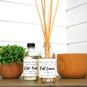 May include: A still life arrangement featuring two glass bottles of reed diffuser oil labeled "Cider Trail" and "Fall Leaves", a small potted plant, and a wooden bowl. The bottles have black caps and are filled with a light-colored liquid. Reed sticks are in one bottle.