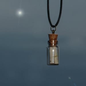 May include: A glass bottle necklace with a cork stopper and a rolled up piece of paper inside. The bottle is hanging from a black cord.