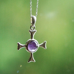 Sterling Silver Celtic  Open Cross Pendant with 8mm Amethyst centre - gift boxed with Stg Sterling Silver 18 inch chain.