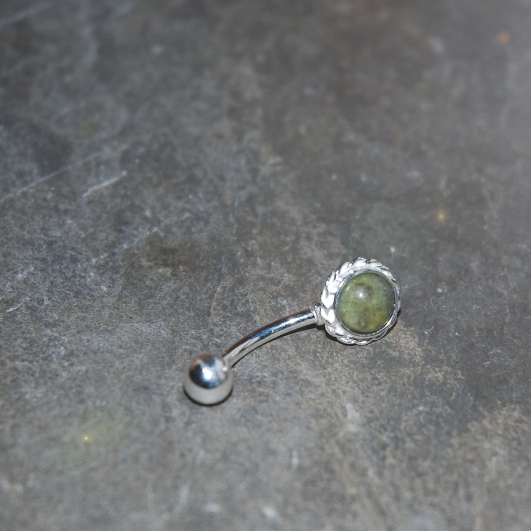 Solid Sterling Silver Rope Edge Belly Button Bar, 6mm Connemara Marble ...