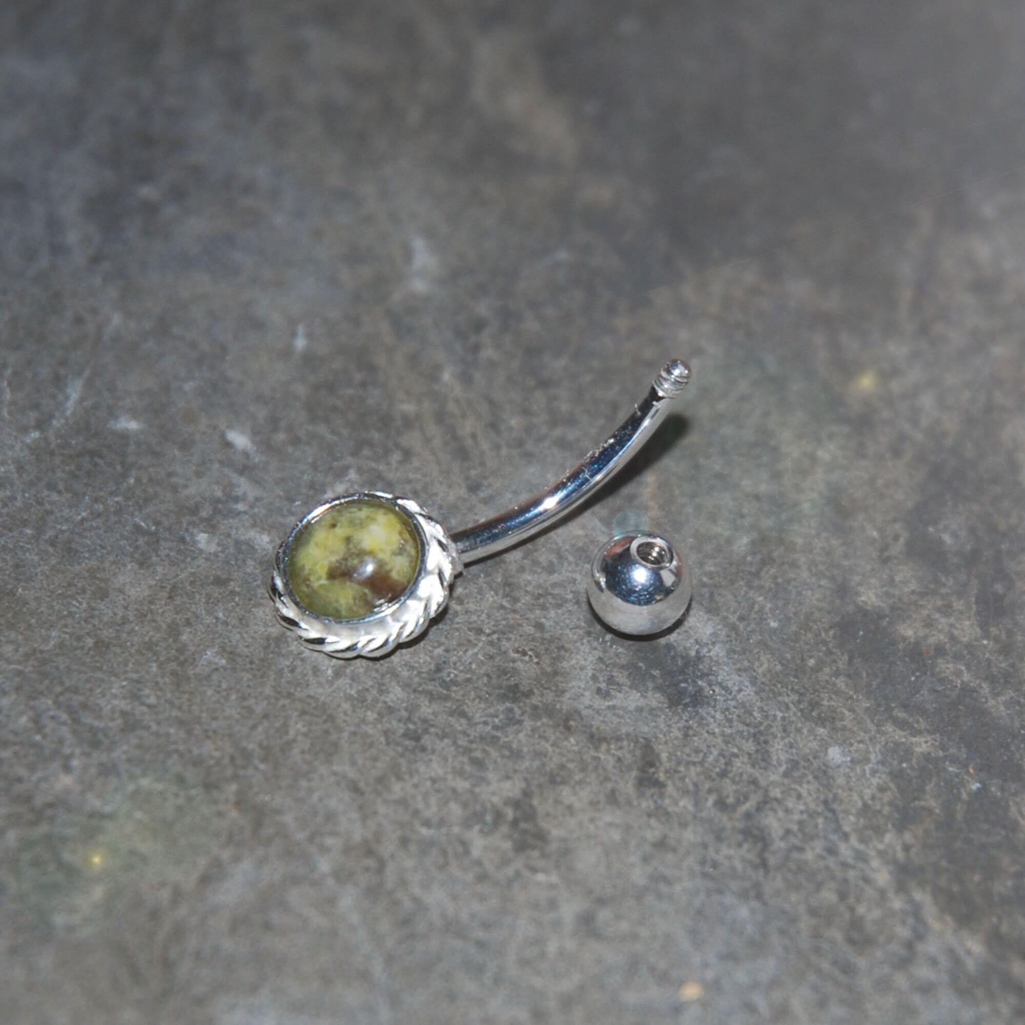 Solid Sterling Silver Rope Edge Belly Button Bar, 6mm Connemara Marble ...