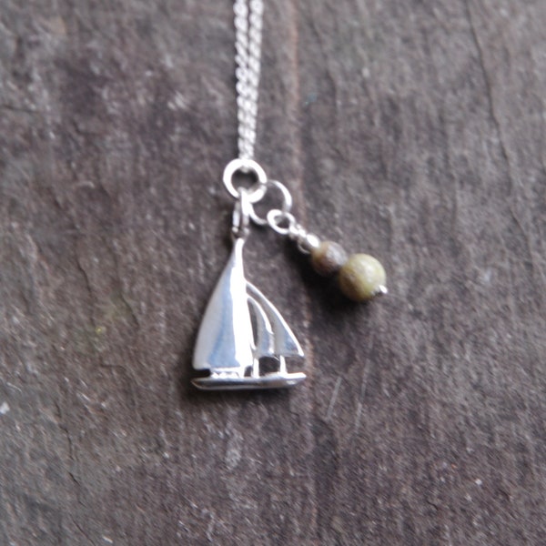 Sterling Silver Sail Boat charm Pendant with small  Irish Connemara Marble  beads - sterling Silver 18 inch chain.